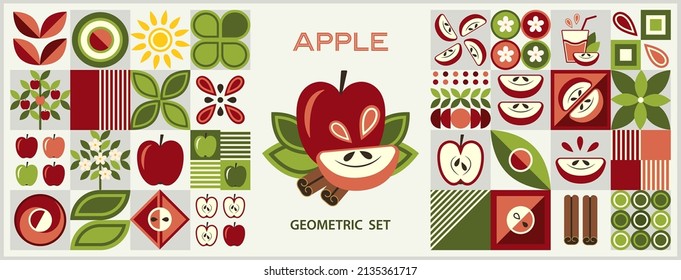 Set of design elements and logo with apple in simple geometric style. Abstract shapes. Good for branding, decoration of food package, cover design, decorative home kitchen prints, background.