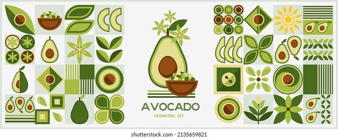 Set of design elements and logo with avocado in simple geometric style. Abstract shapes. Good for branding, decoration of food package, cover design, decorative home kitchen prints, background.