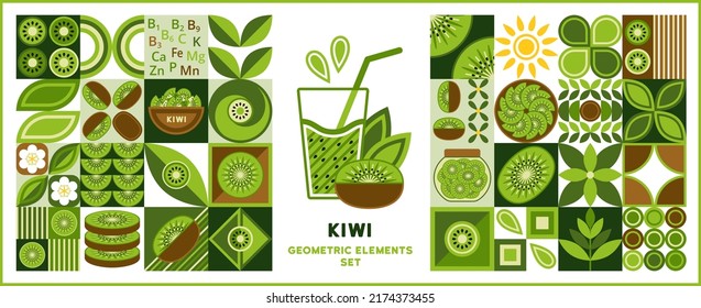 Set of design elements, logo with kiwi in simple geometric style. Abstract shapes. Good for branding, decoration of food package, cover design, decorative print, background.