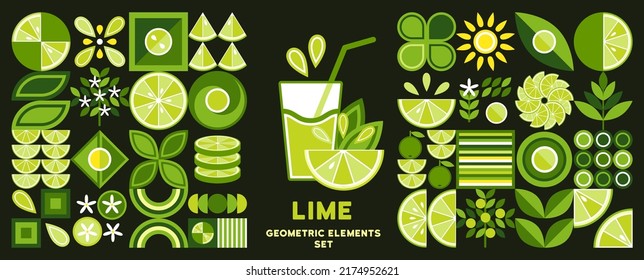 Set of design elements, logo with Lime in simple geometric style. Abstract shapes. Good for branding, decoration of food package, cover design, decorative print, background.