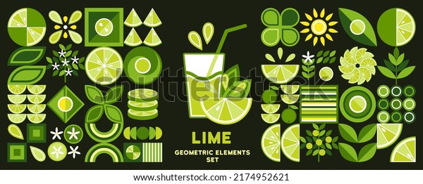 Set of design\
elements, logo with Lime in simple geometric style. Abstract\
shapes. Good for branding, decoration of food package, cover\
design, decorative print,\
background.