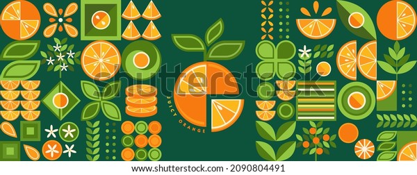 Set of design elements, logo with oranges in\
simple geometric style. Abstract shapes. Good for branding,\
decoration of food package, cover design, decorative print,\
background. Inspired\
Bauhaus.
