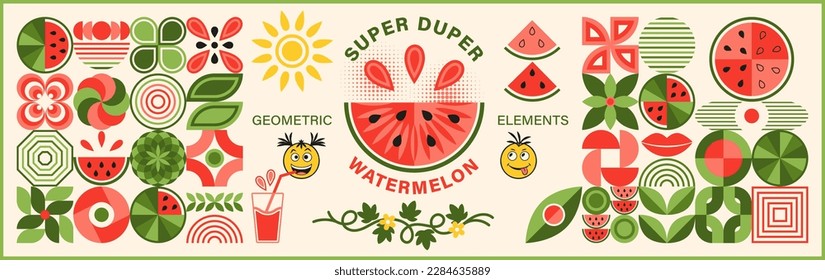 Set of design elements, logo with watermelon in simple geometric bauhaus style. Abstract shapes. Good for branding, decoration of food package, cover design, decorative print, background.