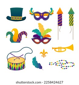 Set design elements for Mardi Gras festival. Traditional masquerade items. Fat tuesday. Greeting card, banner, poster. Gradient flat vector illustration