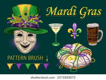 Set of design elements for Mardi Gras holiday with comedy mask in top hat, king cake, alcohol drink, holiday trinket, bling, text. Clip art in vintage style.