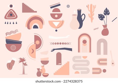 Set of design elements in Moroccan style. Pottery, abstract figures. Elements of nature, rainbow, sun and moon, phases of the moon. Human hands. Forms of balance.