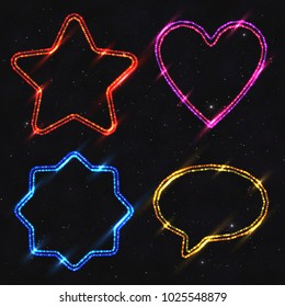 Set of Design Elements Neon Shapes Isolated on Dark Starry Background. Glowing Electric Abstract Frames with Light Effect.   
