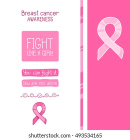 Set of design elements for October, National Breast Cancer Awareness Month, useful for poster, placard, card. Pink ribbon, vertical seamless border, motivation quotes. Vector hand drawn illustration