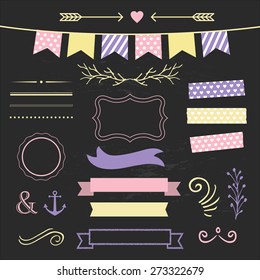 Set of design elements on chalkboard