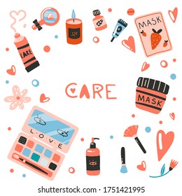 Set of design elements on cosmetic, self-care theme: mask,  cream, palette. Flat cartoon vector illustration, hand drawn style, isolated on white. Positive, health, beauty and wellness concept. 