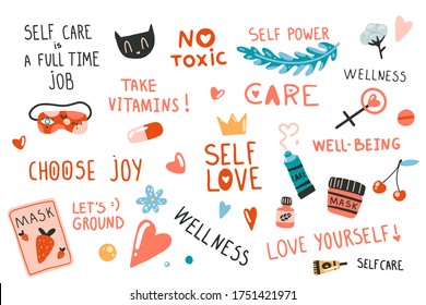 Set of design elements on self-care theme, letterings and other elements. Flat cartoon vector illustration, hand drawn style, isolated on white. Positive, health, beauty and wellness concept. 