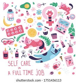 Set of design elements on self-care theme: cats, cosmetics, vitamins, cozy things. Flat cartoon vector illustration, hand drawn style, isolated on white. Positive, health, beauty and wellness concept.