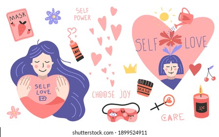 Set of design elements on self-care theme: girls, heart, mask, candle, flower. Flat cartoon vector illustration, hand drawn style, isolated on white. Self love, health, beauty and wellness concept.