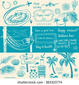 Set of design elements on the subject of travel and tourism. Hand-drawn silhouettes. Beach vacation in the tropics, flight. Images for advertising banners tourism companies, tour operators