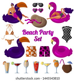 A set of design elements on the theme of a beach cocktail party. Design of websites, brochure, poster, banner, stickers. Flat vector. Isolated objects on white background