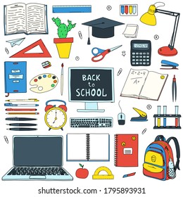 A set of design elements on the theme Back to school, online education. Collection of stationery and school supplies in Doodle style. Hand drawn and isolated on white. Color vector illustration.