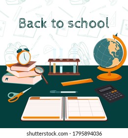 A set of design elements on the theme Back to school, online education. Concept. Flat style. Square shape. The background is a pattern of Doodle elements. Color vector illustration.