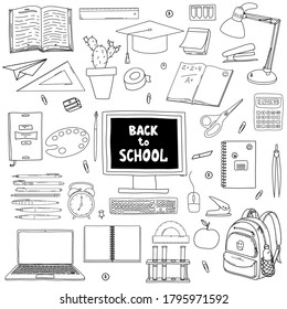 A set of design elements on the theme Back to school, online education. Collection of stationery and school supplies in Doodle style. Hand drawn and isolated on white. Black-white vector illustration.
