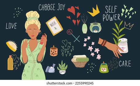 A set of design elements on the theme of personal care: a girl, a heart, a mask, a candle, a flower. Flat cartoon vector illustration, hand drawn style. Concept of self love, health, beauty.