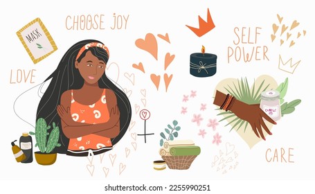 A set of design elements on the theme of personal care: a girl, a heart, a mask, a candle, a flower. Flat cartoon vector illustration, hand drawn style. Concept of self love, health, beauty.