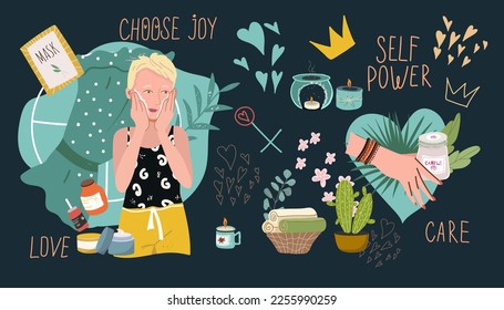 A set of design elements on the theme of personal care: a girl, a heart, a mask, a candle, a flower. Flat cartoon vector illustration, hand drawn style. Concept of self love, health, beauty.