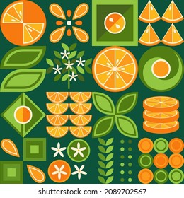 Set of design elements with oranges in simple geometric style. Abstract shapes. Good for branding, decoration of food package, cover design, decorative print, background. Inspired Bauhaus.