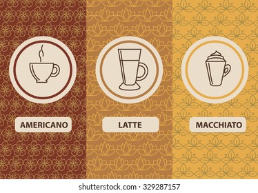 Set of design elements ornamental and icons in trendy linear style for coffee package. Vector illustration