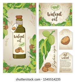 set of design elements for packaging design, labels for a bottle of walnut oil. Description of the benefits of walnut oil