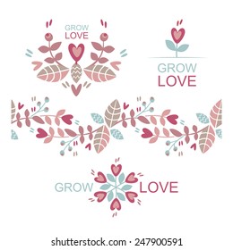 Set of design elements with plants and hearts. Seamless border. Valentine`s Day theme