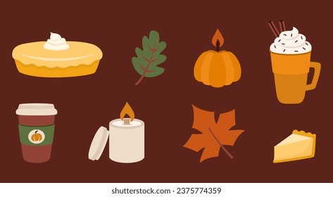 Set of design elements of pumpkin season, isolated in flat style. Pumpkin pie, pumpkin spice latte, cocoa, candle, oak and maple leaf.