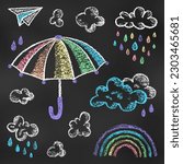Set of Design Elements Rainbow Umbrella, Clouds, Drops, Paper Airplane Isolated on Chalkboard Backdrop. Realistic Chalk Drawn Sketch. Kit of Textural Crayon Drawings of Rainy Symbols on Blackboard.