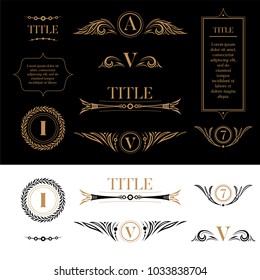 Set of design elements in retro vintage style. Golden floral ornamental detailes, frames, wreaths for placing logo, text or title. For card, document, charter. For business and sport. Yellow on black