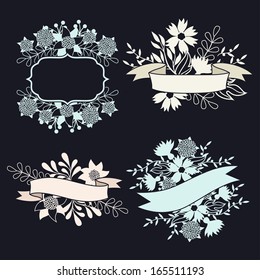 Set of design elements with ribbons, labels and flowers .