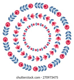 Set of design elements - round floral ornamented frames with Scandinavian minimal folk style. Perfect for invitation, greeting card, save the date, wedding design. Vector illustration.