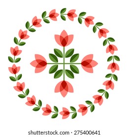 Set of design elements - round floral ornamented frame, Scandinavian minimal folk style. Perfect for invitation, greeting card, save the date, wedding design. Vector illustration.