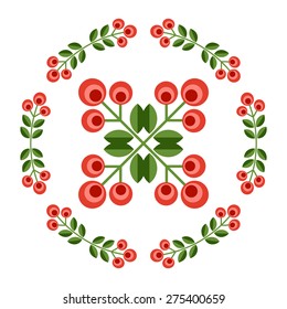 Set of design elements - round floral ornamented frame, Scandinavian minimal folk style. Perfect for invitation, greeting card, save the date, wedding design. Vector illustration.