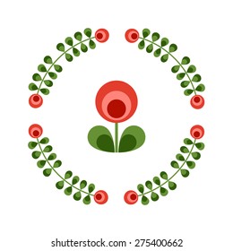 Set of design elements - round floral ornamented frame, Scandinavian minimal folk style. Perfect for invitation, greeting card, save the date, wedding design. Vector illustration.