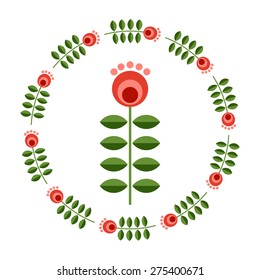 Set of design elements - round floral ornamented frame, Scandinavian minimal folk style. Perfect for invitation, greeting card, save the date, wedding design. Vector illustration.