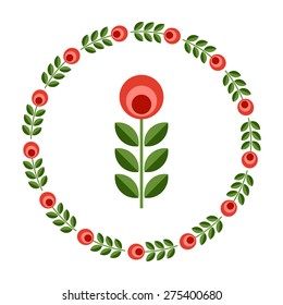 Set of design elements - round floral ornamented frame, Scandinavian minimal folk style. Perfect for invitation, greeting card, save the date, wedding design. Vector illustration.