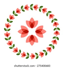 Set of design elements - round floral ornamented frame, Scandinavian minimal folk style. Perfect for invitation, greeting card, save the date, wedding design. Vector illustration.