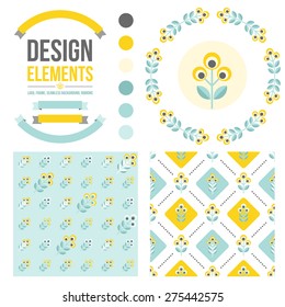Set of design elements - round floral frame, seamless  patterns, ribbons, flower icon. Scandinavian minimal style. Perfect for invitation, greeting card, save the date, wedding. Vector illustration.