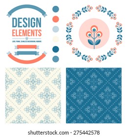 Set of design elements - round floral frame, seamless  patterns, ribbons, flower icon. Scandinavian minimal style. Perfect for invitation, greeting card, save the date, wedding. Vector illustration.