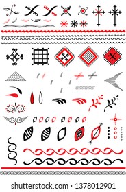 Set of design elements of the Russian Mezen painting. Simple decorative patterns for drawing. Small elements of the Mezen painting. Graphic details to create patterns. Stencils Strokes, lines, shapes.
