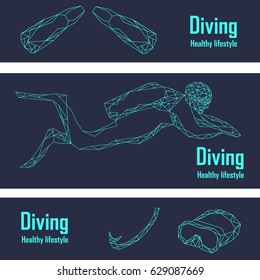 Set of design elements with scuba diving for brochures, business cards, cover, banner. Vector illustration of stationery design. Background in futuristic style. Branding design.