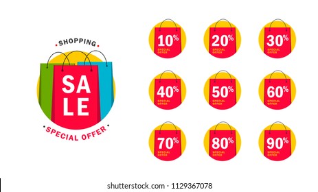 Set of design elements in shape of shopping bags, logo of advertising campaign and tags with different percentage, bright and colorful graphic