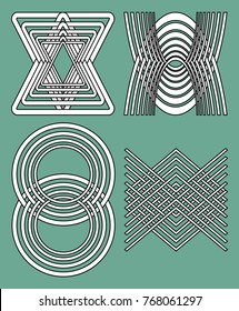 Set of design elements with spatial effect, 3d unique geometric shapes, monoline monochrome drawing, green background, Vector EPS 10