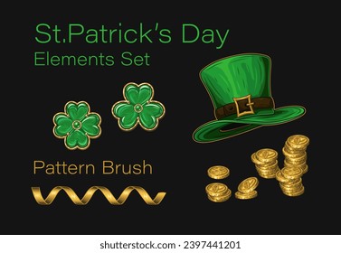 Set of design elements for St Patricks day in vintage style. Jewelry clover, shamrock, leprechaun top hat, golden coins, party streamer pattern brush.