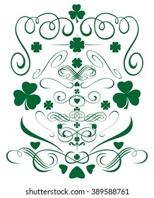 Set design elements for St. Patrick's Day. Vignettes, frames, curlicues, whorls, hearts, flowers and leaves of clover, trefoil, shamrock for St. Patrick's Day. Editable vector elements for design.