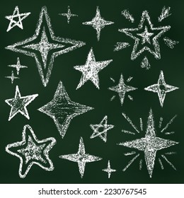 Set of Design Elements Stars on Chalkboard Backdrop. Realistic Chalk Drawn Sketch. Kit of Textural Crayon Drawings of Night Sky Symbols on Blackboard.