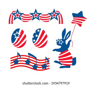 Аmerican set of design elements, Stars and stripes, Rabbit and egg. Easter collection. Flag, Star,  Fireworks, Logo, Stripes design, Sticker set